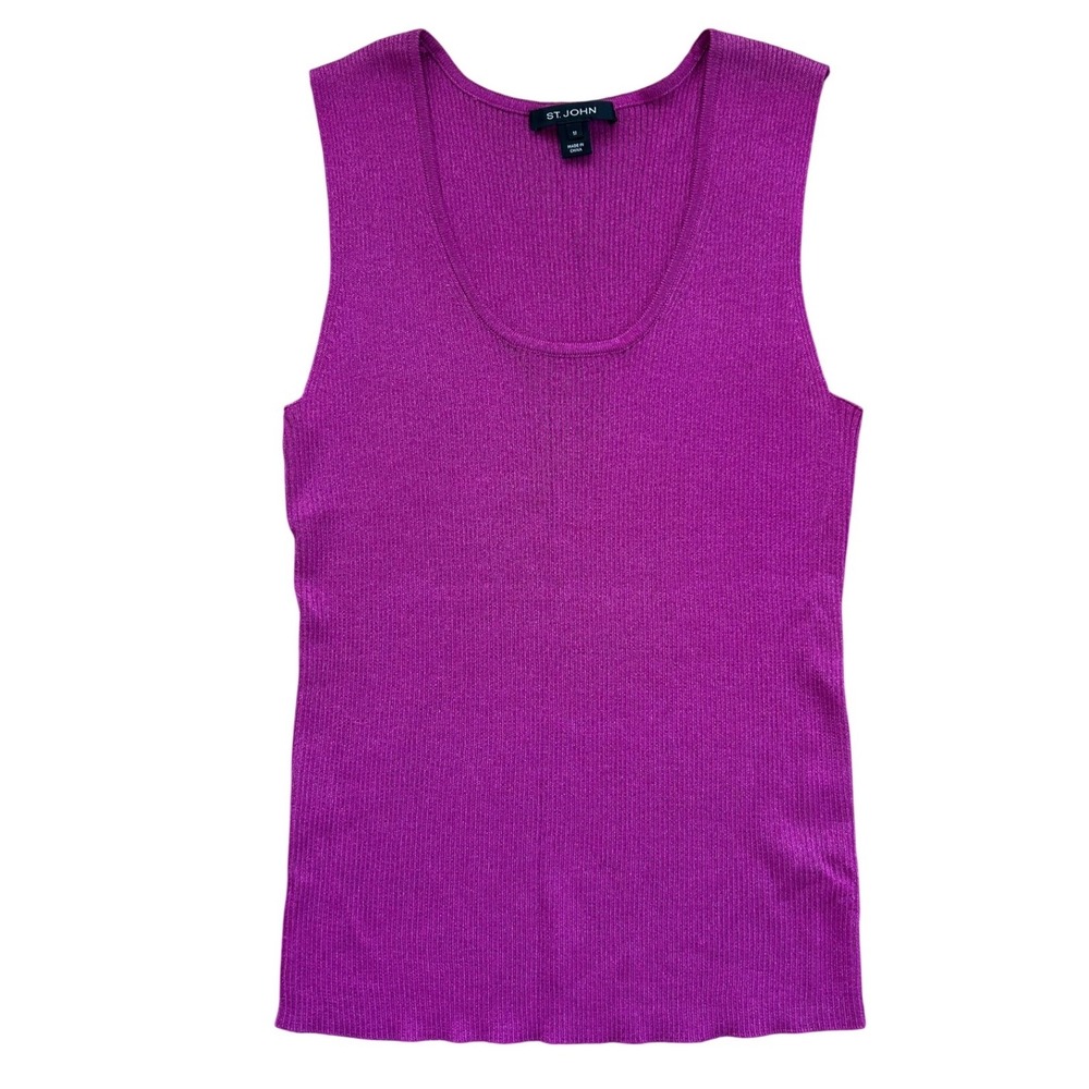 St. John Metallic Magenta Ribbed Knit Wool Blend‎ Scoop Neck Tank Top Size M